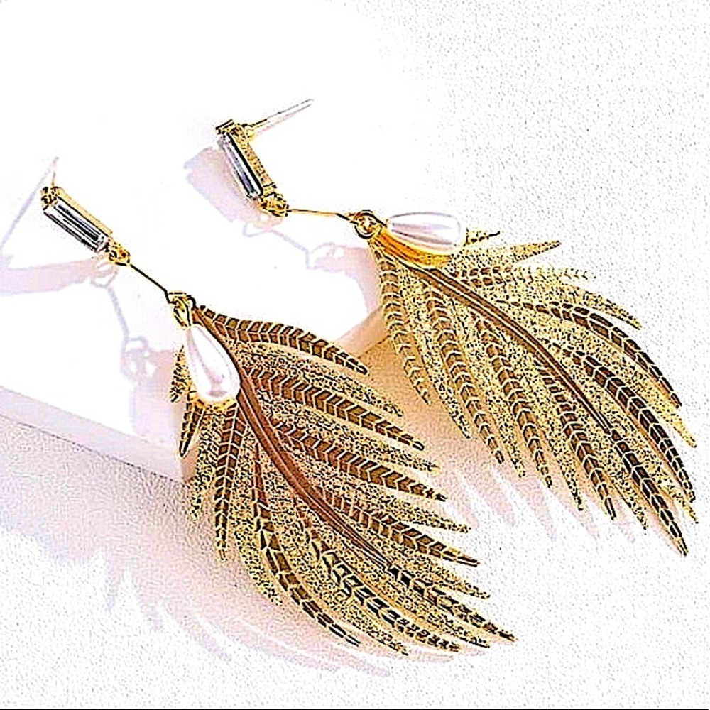 Boho Gold 14K GP Feather & Pearl Drop Earrings